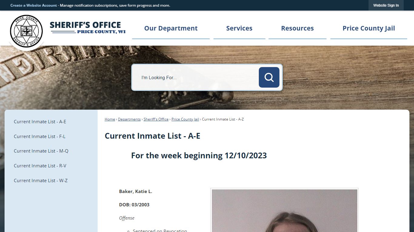 Current Inmate List - A-E | Price County, WI - Official Website